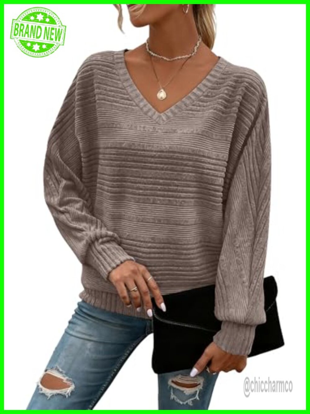 Womens Tunic Top Batwing Long Sleeve V-Neck Pullover Sweater